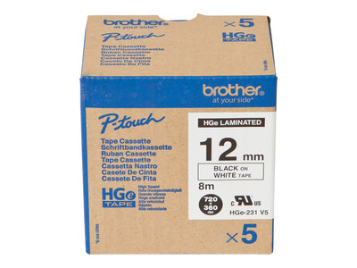 BROTHER HGE231V5 5x tape cassette 12mmx8m white black