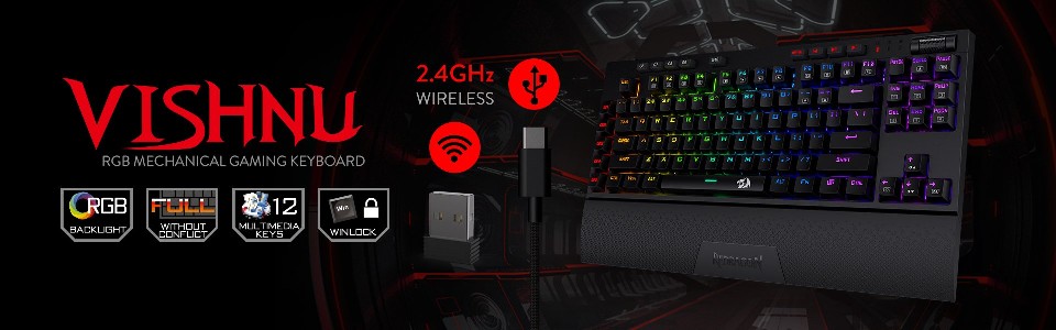 Безжична/кабелна USB механична RGB геймърска клавиатура Redragon Vishnu K596RGB-BK